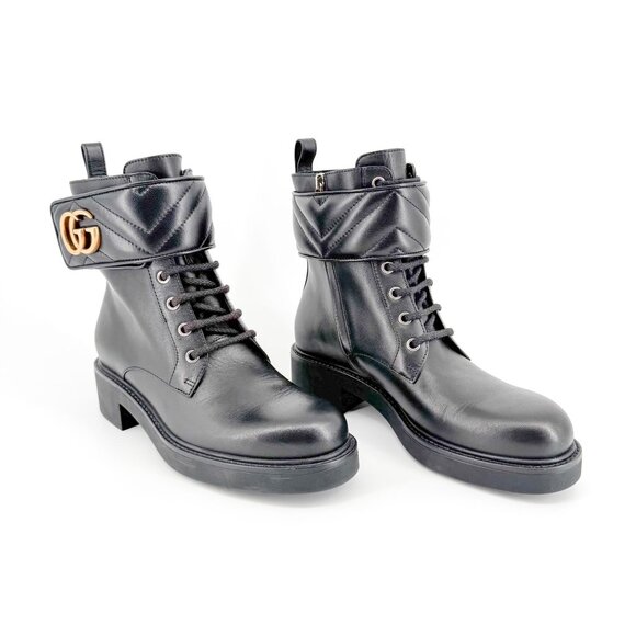 Gucci Marmont GG Combat Boot Size 37 US 7 Black Lace Up Quilted Ankle Biker Logo - Picture 1 of 14